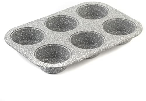 Salter Marblestone 6-Cup Muffin Tray – Non-Stick Cupcake Tin, Baking Tray, Cake Tin, Bake Yorkshire Puddings, Pies, Mini Quiche, PFOA-Free, Oven Safe Up to 220°C, Durable Carbon Steel Bakeware, 27cm