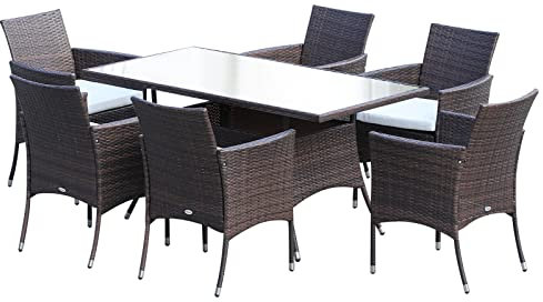 Outsunny Rattan Garden Furniture Dining Set 6-seater Patio Rectangular Table Cube Chairs Outdoor Fire Retardant Sponge Brown