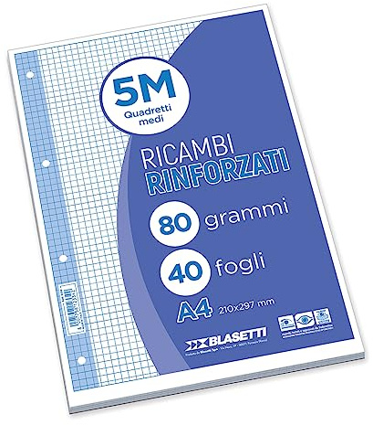 One Color - Ricambi Rinforzati A4-5M Quadretti 5mm - 40 fogli | Blasetti: fogli A4 80gr con buchi rinforzati, banda trasparente, quadretti e righe, conf. da 40.