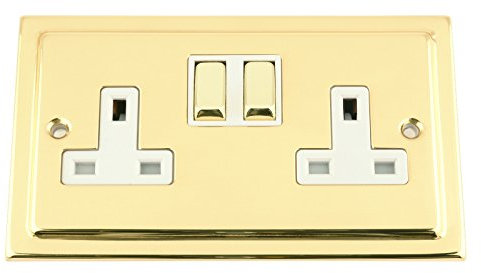 Wall Socket 2 Gang - Victorian Polished Brass - White Insert - Metal Rocker Switch - 13A Double Plug Socket