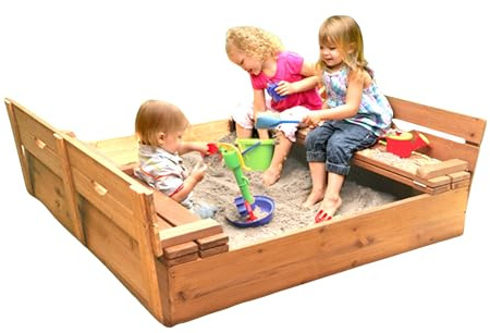 Badger Basket Cedar Sandbox with Lid & Benches - Outdoor Wooden Sandbox for Kids with Folding Cover - Large Backyard Playset (46.5 x 46.5 x 9.5)