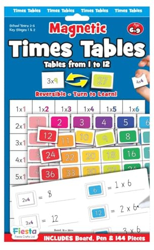 Magnetic Times Tables for Kids by Fiesta Crafts -144 Reversible Magnetic Numbers, Board & Dry Wipe Pen - Interactive Educational Toys for Kids' Early Maths Games - Quick Learning Through Tactile Games