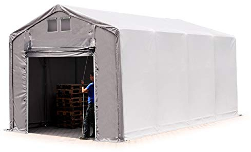TOOLPORT Lagerzelt Zelthalle 4x8 m mit Hochziehtor - durchgehende PVC Plane 850 N - Wasserdicht 3m Seitenhöhe
