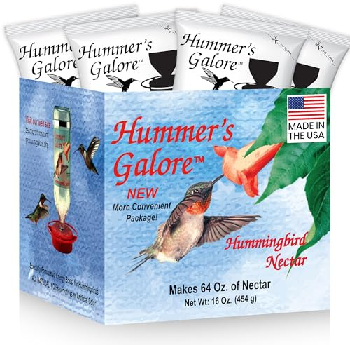 Hummer's Galore Made in USA Hummingbird Food - Ready-to-Mix Hummingbird Nectar, All-Natural Nectar Collector Formula, No Preservatives or Dyes, Makes 64 Ounces (4 Packets Included)