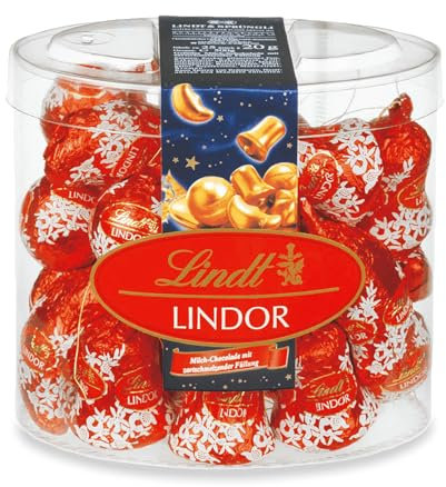 Lindt Schokolade Baumbehang LINDOR Milch, 500 g Köcher, LINDOR Mond, Kugel und Glocke mit unendlich zartschmelzender Füllung, Schokoladengeschenk zu Weihnachten, Pralinen-Geschenk