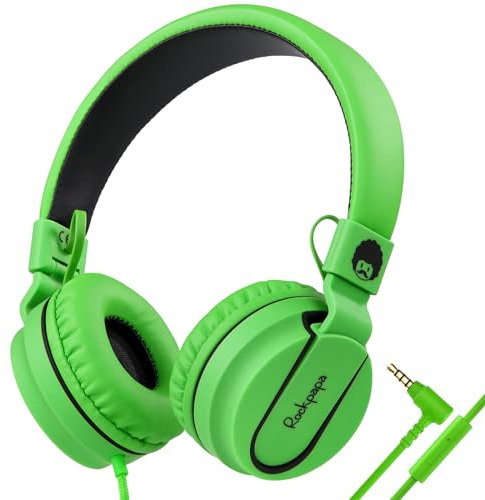 RockPapa Auriculares On-Ear, Auriculares con Cable y Microfono, Ligeros, Cómodos y Plegables Audifonos para Niños Estudiantes Adolescentes, para PC/Mac/portátil/teléfono/DVD-Negro Verde