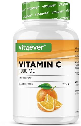 Vitamina C 1000mg - 365 compresse in un anno di fornitura - Effetto Rilasciato nel Tempo - Vitamina C + Estratto di Rosa Canina + Bioflavonoidi di Agrumi - Vegan - Altamente Dosato