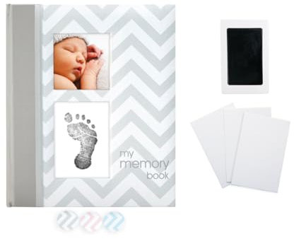 Pearhead First 5 Years Chevron Baby Memory Book with Included Clean-Touch Baby Safe Ink Pad to Create Baby's Handprint or Footprint, Keepsake Milestone Journal, UK English Version, Grey