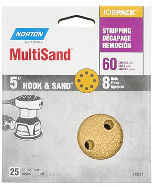 Norton MultiSand Hook and Loop Sanding Discs, Orbital Sander Sandpaper for Wood, Metal and Fiberglass, 60 Grit Sand Paper, 5 Inch Sanding Discs Hook and Loop, Pack of 25