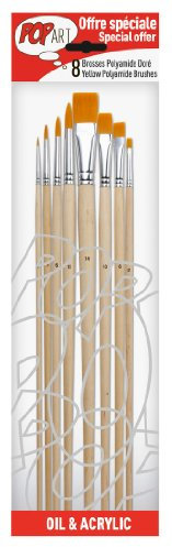 Pebeo 950250 - Set di pennelli, 8 pz, setole in Poliammide Color Oro, Punta Tonda (Numeri 0, 3, 6, 10) e Piatta (Numeri 2, 6, 10, 14)