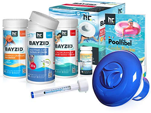 BAYZID® Pool Starterset 7-teilig - Wasserpflege durch Pool Chlor Granulat, PH Minus, Multitabs, Poolthermometer, Dosierer, Teststreifen und Poolfibel - von Höfer Chemie