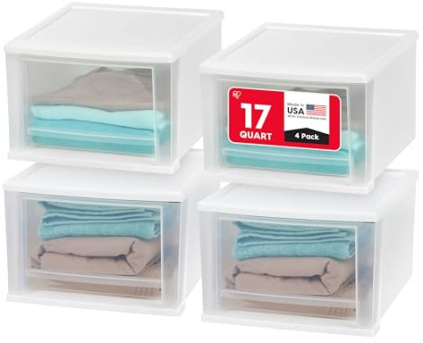 IRIS USA 17 Qt. Medium Plastic Stacking Drawer, Stackable Storage Organizer Unit with Sliding Drawer for Bedroom Kitchen Under Sink Pantry Craft Room Dorm Office, White, 4-Pack