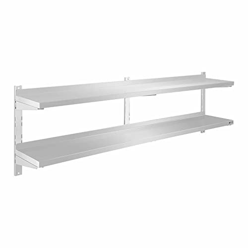 Royal Catering Double Floating Shelf Kitchen Wall Shelves 2 Tier RCWR-180.2 (2 Height adjustable storage areas, 180 cm long, Wall mounting, Stainless steel)