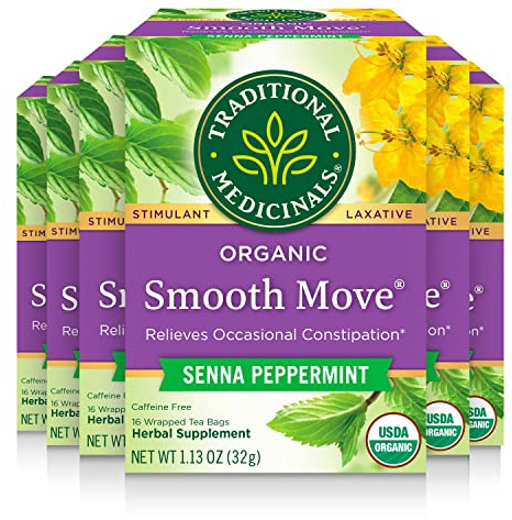 Traditional Medicinals Tea, Organic Smooth Move Peppermint, Relieves Occasional Constipation, Senna, 96 Tea Bags (6 Pack)