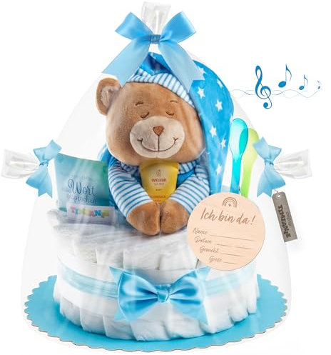 Timfanie® Windeltorte | Spieluhr Schlafmütze | blau | 0-8 Monate