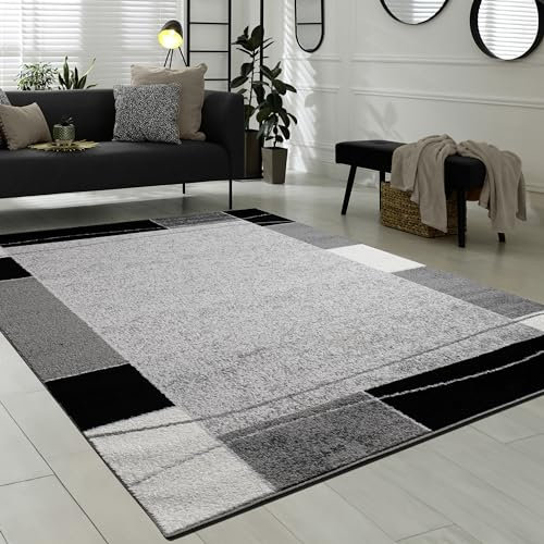 Paco Home Teppich Wohnzimmer Kurzflor Modern Bordüre Geometrisches Muster Grau Schwarz, Grösse:120x170 cm