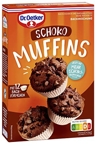 Dr. Oetker Muffins Schoko, 335 g, Backmischung für Rührteig mit Schokotropfen, zum Zubereiten von 12 schokoladigen Muffins, inkl. Papierbackförmchen