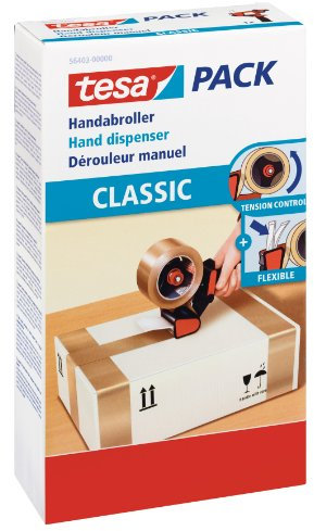 tesa Hand Dispenser Classic - Universal Tape Dispenser for Unwinding Adhesive Tapes - Sturdy Metal Holder - for Tapes up to 50 mm Wide - Red and Black