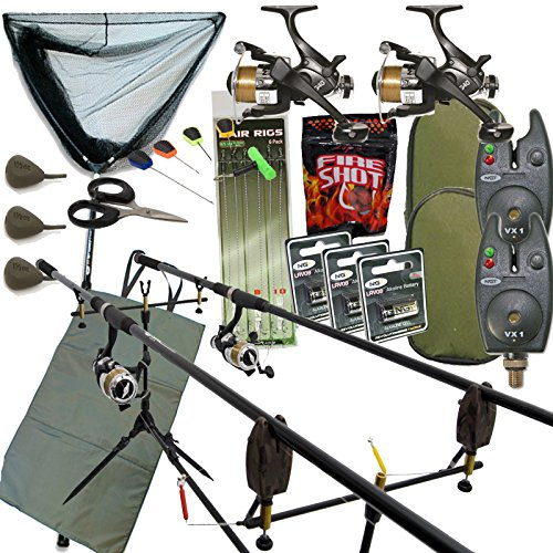 Full Carp fishing Set Up Complete With 2x Rods Reels Alarms Landing Net & Tackle