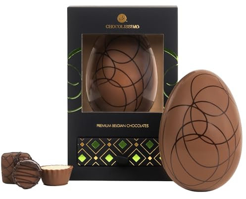 CHOCOLISSIMO - Uovo di Pasqua Grande di Cioccolato al Latte con 4 Cioccolatini di Lusso Senza Alcool - Nobile Regalo di Pasqua in Confezione Scura, Regalo di Dolci di Pasqua