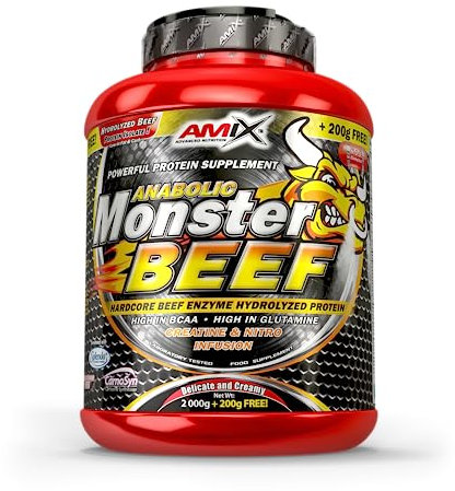 Amix - Monster Beef Protein - Suplemento Alimenticio - Mejora del Rendimiento - Proteína de Suero - Glutamina en Polvo - Nutrición - Proteína de Ternera - Sabor Lima y Vainilla - Bote de 2 Kg