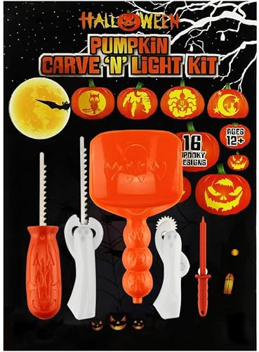 AMOS Halloween Pumpkin Carving Kit with 16 Stencil Designs + 5 Tools