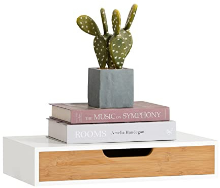 SoBuy Mensola a Parete con Cassetto - Mensola Galleggiante Moderna per Ingresso, Soggiorno & Camera - Bianco & Naturale 40x24x8cm FRG92-WN