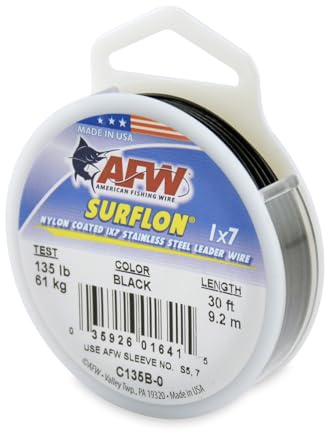 American Fishing Wire Surflon, Nylon Coated 1x7 Stainless Steel Leader Wire, 135 lb Test, .041 Diameter, Black, 30 ft