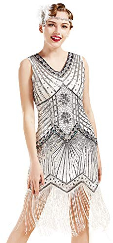 BABEYOND Vestido de charlestón, Estilo de los años 20, del Gran Gatsby, con Flecos, Cuentas y Cuello en V - Plateado - Medium