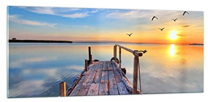 Vidrios decorativos 100x40cm Cuadro Sobre Vidrio Moderno Lago naturaleza puente pájaros Grande Cocina Cuadros Pared Impresiones Decoracion Salon Impresión en Cristal Wall Art Prints GAB100x40-2402