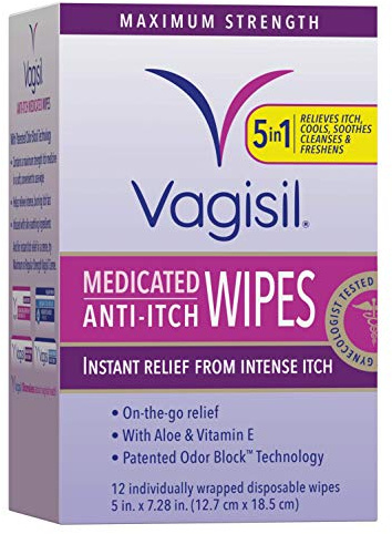 Vagisil Anti-Itch Medicated Feminine Intimate Wipes for Women, Maximum Strength, Gynecologist Tested, 12 Wipes (Pack of 1)