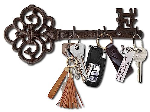 Comfify Decorative Wall Mounted Key Holder | Vintage Key with 3 Hooks | Wall Mounted | Rustic Cast Iron - with Screws and Anchors - Brown