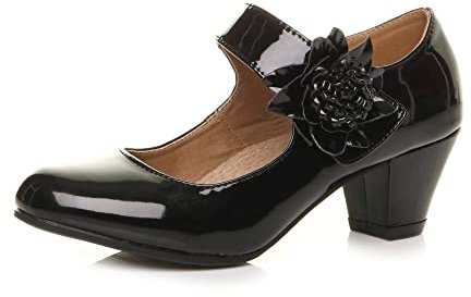 Womens Ladies mid Chunky Heel Mary Jane Flower Padded Comfort Shoes, 5 UK, Black Patent