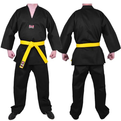 MAR | Black Karate Gi, V-Neck Student Uniform | Men & Women; Kids & Adult Sizes | Martial Arts Uniform, Karate Trousers, 8oz Fabric Suit, Kids Karate Suit (1/240)