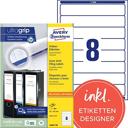 AVERY Zweckform L6060-100 Ordnerrücken Etiketten (800 Rückenschilder mit ultragrip, 34x192mm auf A4, schmal/kurz, selbstklebend, absolut blickdicht, bedruckbare Ordneretiketten) 100 Blatt, weiß