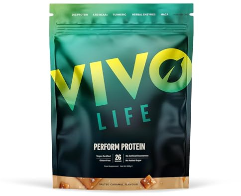 Vivo life Perform Plant Protein Powder | 25g Protein with BCAAs, Iron, Zinc, Turmeric & Herbal Enzyme Blend (988 g (Pack of 1), Salted Caramel)