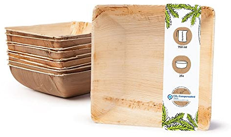 BIOZOYG 25x bol carré en feuille de palmier 750 ml 18 cm - Assiette à soupe et bol à salade compostable - Vaisselle de fête durable