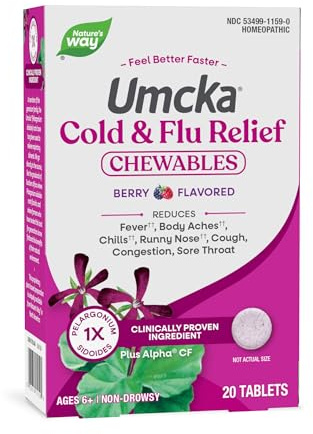 Nature’s Way Umcka Cold and Flu Relief Chewables, Non-Drowsy Multi-Symptom Relief, Homeopathic Cold Medicine & Remedy, Shortens & Reduces Severity of Colds, Berry-Flavored Cold & Flu Tablets, 20 Count