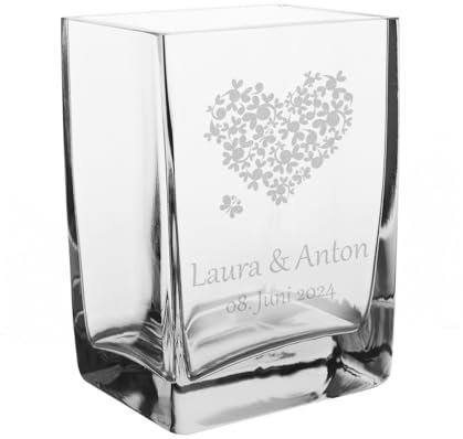 Herz & Heim® gravierte Vase - Blumenherz - mit Namen und Datum zur Hochzeit