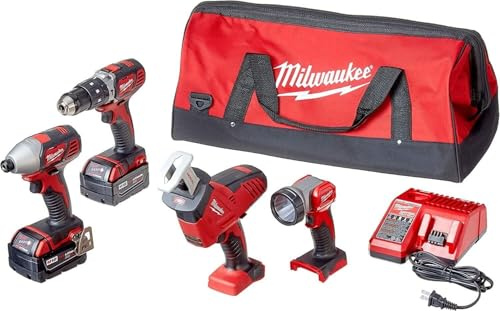 Milwaukee 2695-24 M18 18V Cordless Power Tool Combo Kit with Hammer Drill, Impact Driver, Reciprocating Saw, and Work Light (2 Batteries, Charger, and Tool Case Included)