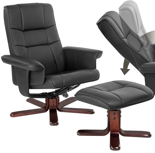 tectake® Poltrona TV Relax Reclinabile, Poggiapiedi, Ecopelle, Schienale Regolabile, Imbottitura Confortevole, Girevole a 360°, Piedini in Legno Robusti, 95x78x75-100 cm - Base a Croce, Nero/Marrone
