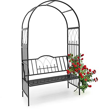 Relaxdays - Arco de metal para rosas con banco para 2 personas, arco de jardin para plantas, 203 x 114.5 x 59 cm, Material: polvo de hierro, trepadoras, negro