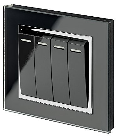 Retrotouch Crystal Quad Light Switch, Chrome Trim, 2-Way, 10AX, Black Glass