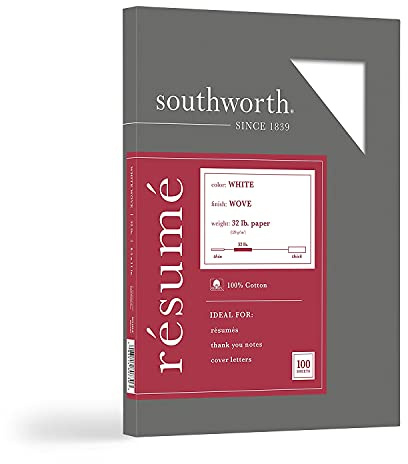 Southworth 100% Cotton Résumé Paper, 8.5 x 11, 32 lb, Wove Finish, White, 100 Sheets (RD18CF)