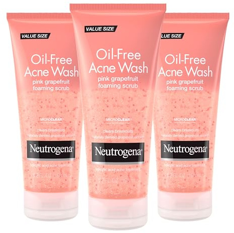 Neutrogena Oil-Free Acne Face Wash Pink Grapefruit Foaming Scrub - Facial Cleanser with Salicylic Acid for Clear Skin, Exfoliating Acne Treatment for Oily Face, 6.7 fl. oz., 3-Pack