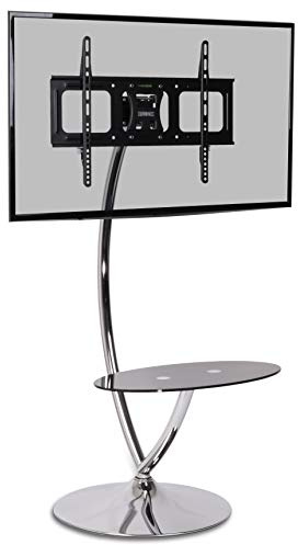 Duronic TV Stand Chrome & Glass Stand for 30” -80” Flat Screen Television LCD/LED/OLED/QLED, With Tilt & Swivel, VESA Up to 600x400, Capacity, With Media Shelf (TVS3F1)