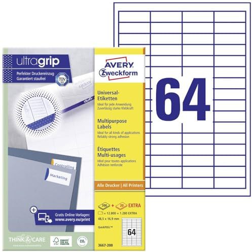 AVERY Zweckform 3667-200 Universal Etiketten (12.800 plus 1.280 Klebeetiketten extra, 48,5x16,9mm auf A4, Papier matt, individuell bedruckbar, selbstklebende Aufkleber mit ultragrip) 220 Blatt, weiß