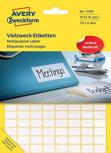 Avery Zweckform 3306 Haushaltsetiketten selbstklebend (13x8mm, 3.712 Aufkleber auf 29 Bogen, Vielzweck-Etiketten für Haushalt, Schule und Büro zum Beschriften und Kennzeichnen) blanko, weiß