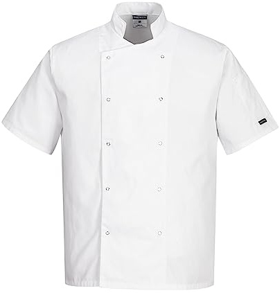 Portwest C733 Veste de Cuisine Homme Femme Manches Courtes Col Mao Polycoton Kingsmill Tenue Professionnelle Cuisinier Chef Boulanger Pâtissier Restauration Traiteur, Blanc, XL