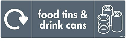 stika.co Pack of 2 Food Tins and Drink Cans Recycling Sign with WRAP Recycle Now Symbols, BS EN ISO 7010 Compliant, Self-Adhesive Vinyl, 200x60mm